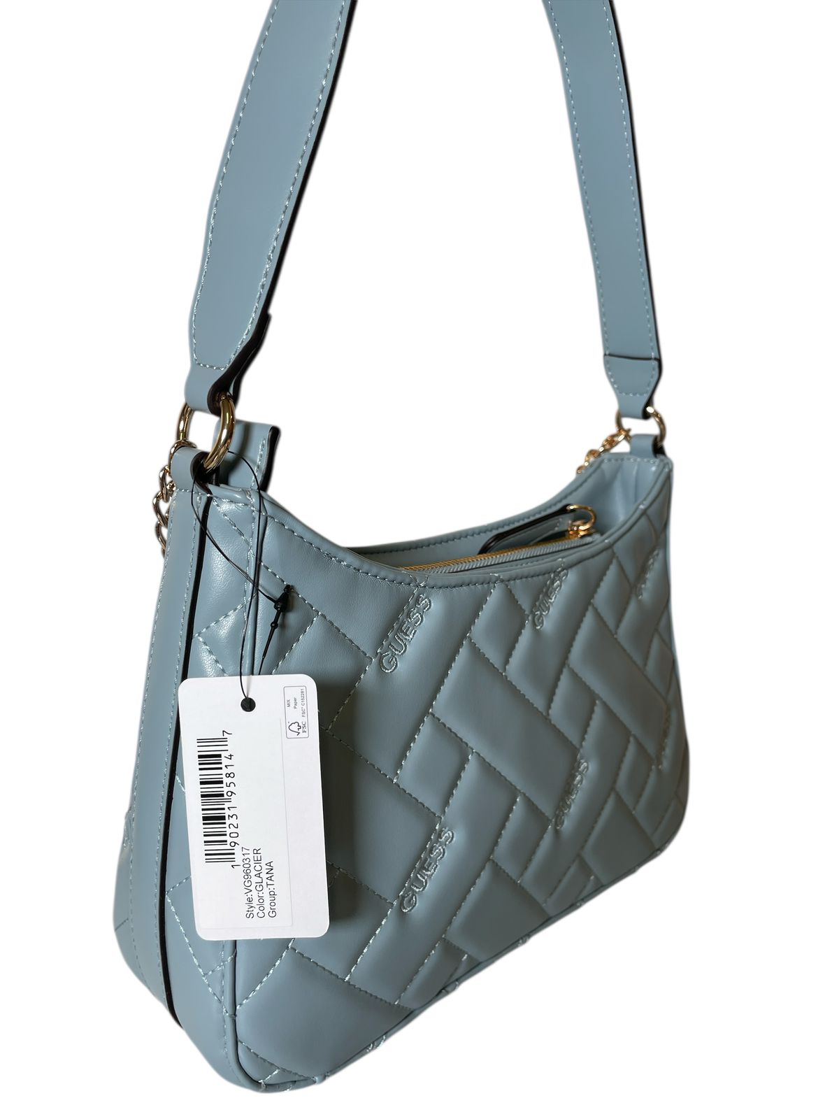 Bolsa GUESS Azul con Cadena y Dijes - Estilo Glam Chic